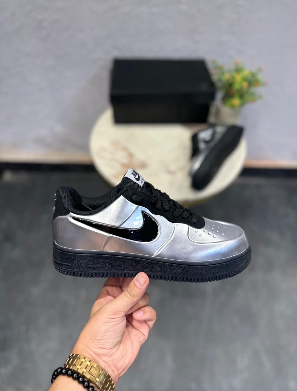 NIKE AIRFORCE FOAMPOSITE PRO METALLIC  BLACK SILVER